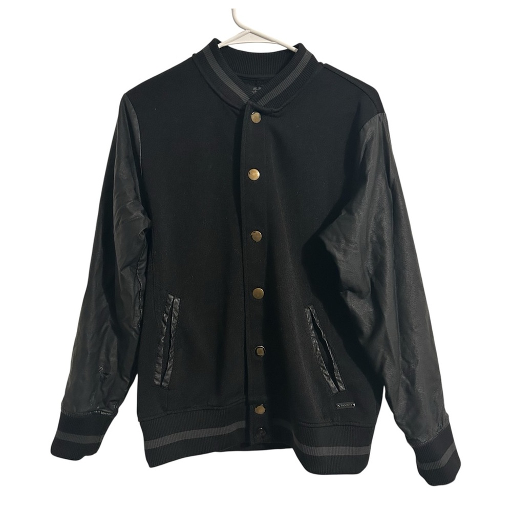 G by Guess Men's Leather Sleeves Button Down Baseball Bomber Jacket